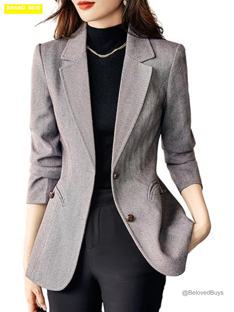 Women's Notched Lapel Plaid Herringbone Blazer Jacket Single Breasted Wool